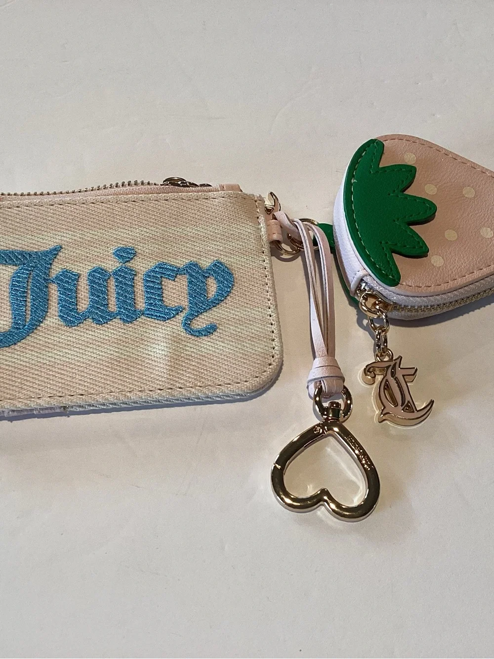 Juicy Couture Beige & Blue Logo Key Card Holder with Pink Strawberry Charm